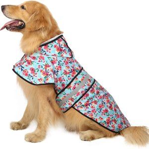 Dog Raincoat Hooded Waterproof Slicker Poncho Floral Teal Velcro Sz Large